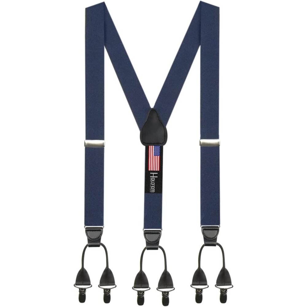 Hold'Em Men Elastic Double-Hold Button Look Suspenders No Slip Pin Clip - Navy